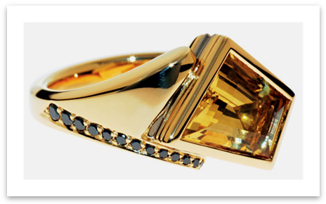 Abstract Yellow Beryl Black Diamond Ring