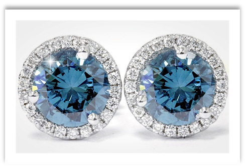 Blue Diamond Halo Stud Earrings