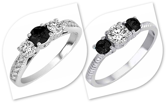 3 Stone Diamond Rings with black and white diamonds