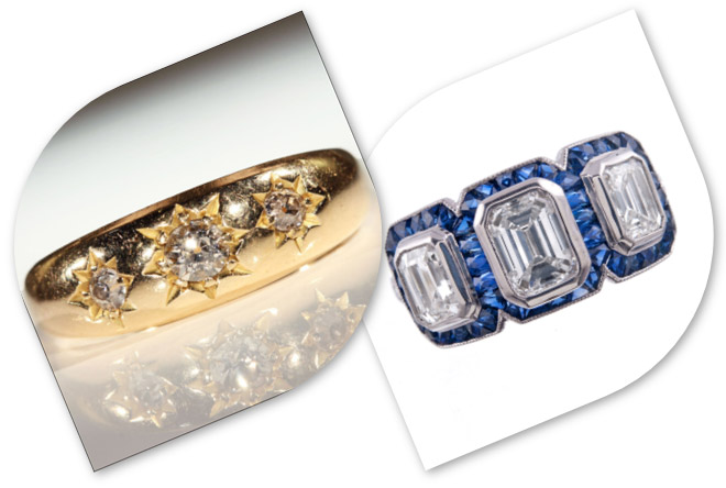 3 Stone Diamond Rings from Victorian and Art Deco era