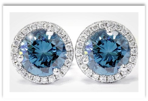 Blue Diamond Halo Stud Earrings