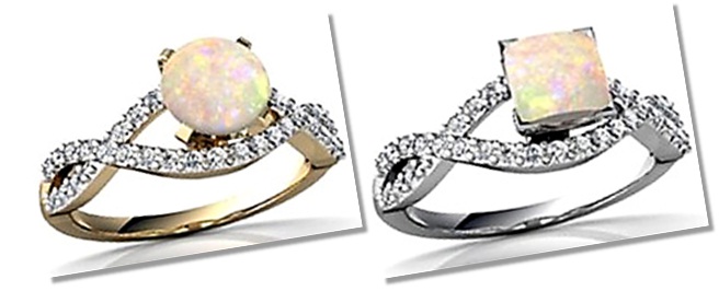 Round and princess cut antique opal engagement rings