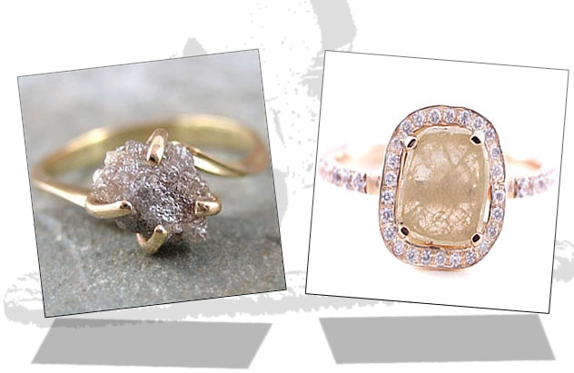Rough diamond engagement rings with prong and prong-halo settings